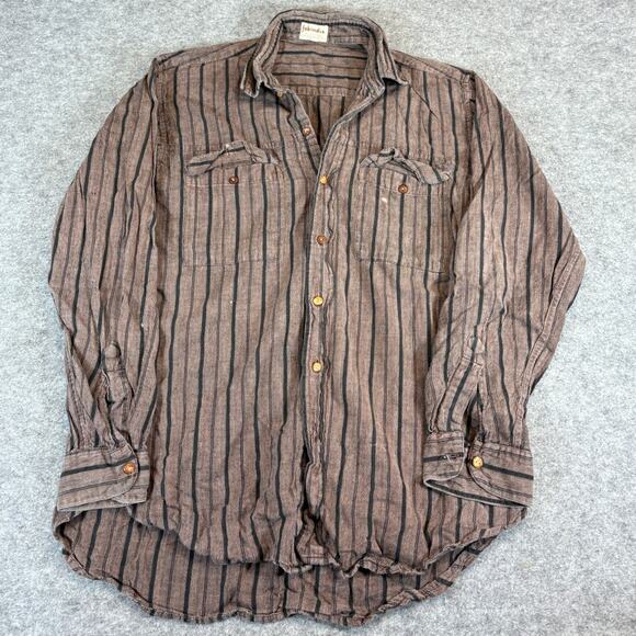 VINTAGE Fabindia Button Down Shirt Mens Medium Brown Striped Long Sleeve Retro - Picture 1 of 9